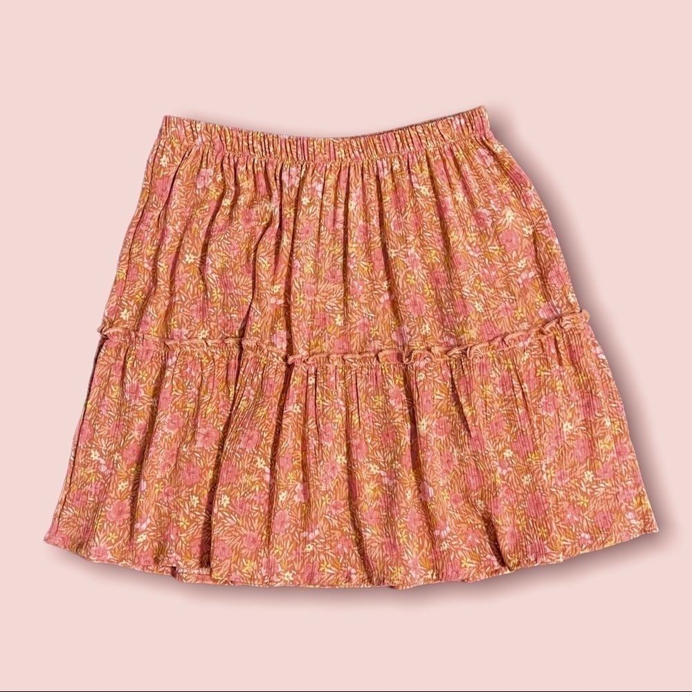 NWT Pink Rose Boho Floral Mini Skirt in Coral Elastic Waist Size S